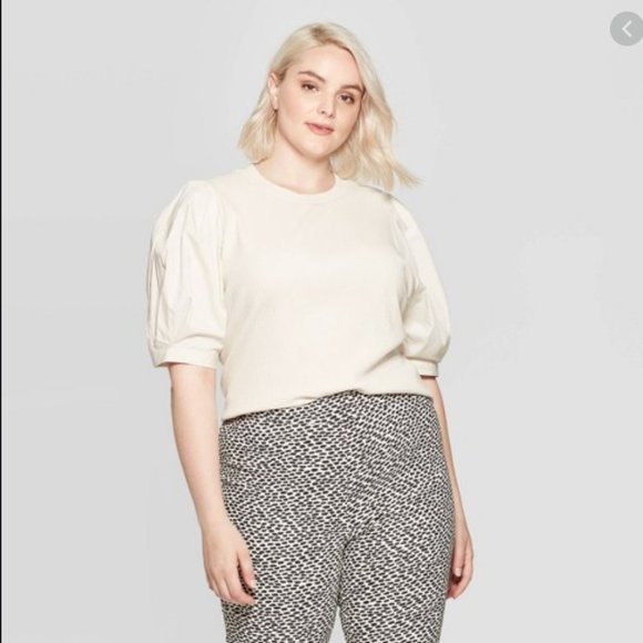 WHO WHAT WEAR beige muslin puff sleeve top XL - Picture 7 of 7